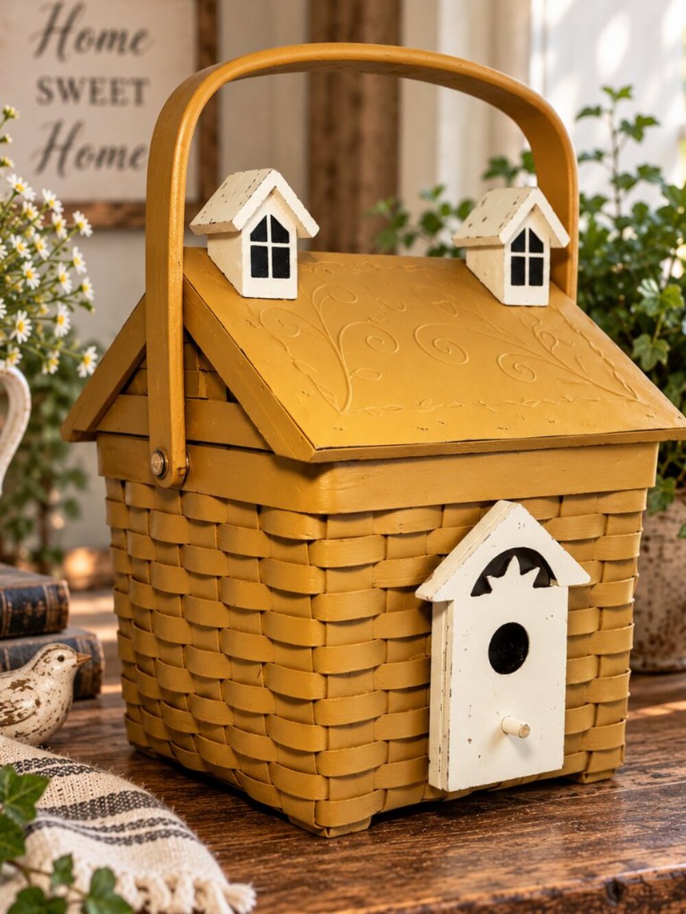 A.T. Imports Woven Wood Cottage Birdhouse Basket Farmhouse Decor